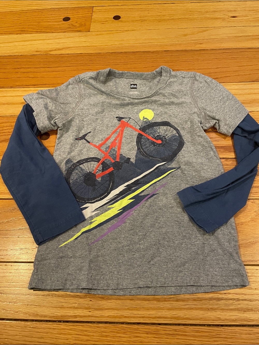 Tea Collection Gray Tee with Navy Layered Sleeves and Red Bike Graphic
